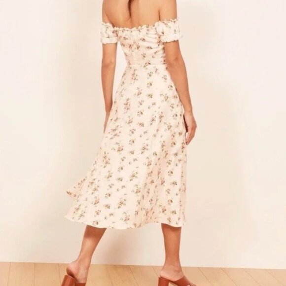 NWT Reformation Linen Bogota Floral Off Shoulder Midi Dress in Geraldine Size 4 - Picture 3 of 5